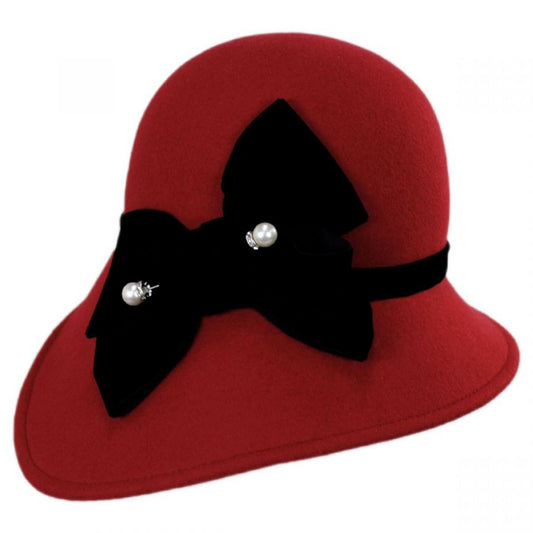 Kathy Jeanne | Velvet Band Wool Felt Asymmetrical Cloche Hat - Made to Order | 124709 | lead | RED/BLACK