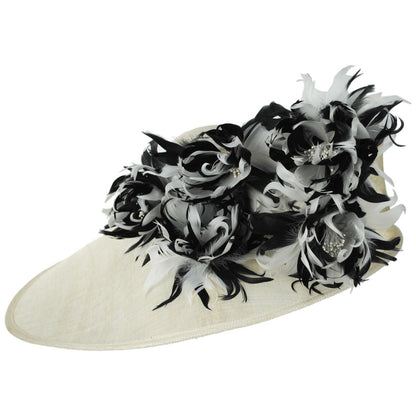 St. Julian | Two Tone Curly Feather Flowers Lampshade Dress Hat | 124278 | front | WHITE/BLACK