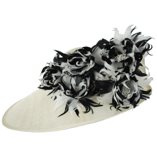 St. Julian | Two Tone Curly Feather Flowers Lampshade Dress Hat | 124278 | front | WHITE/BLACK