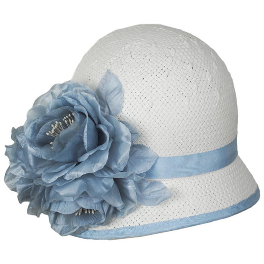 Kathy Jeanne | Peony Trio Toyo Straw Cloche Hat | 122440 | lead | WHITE/LIGHT BLUE