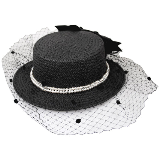Kathy Jeanne | Toyo Straw Black Boater Hat with Veil | 122464 | lead | BLACK