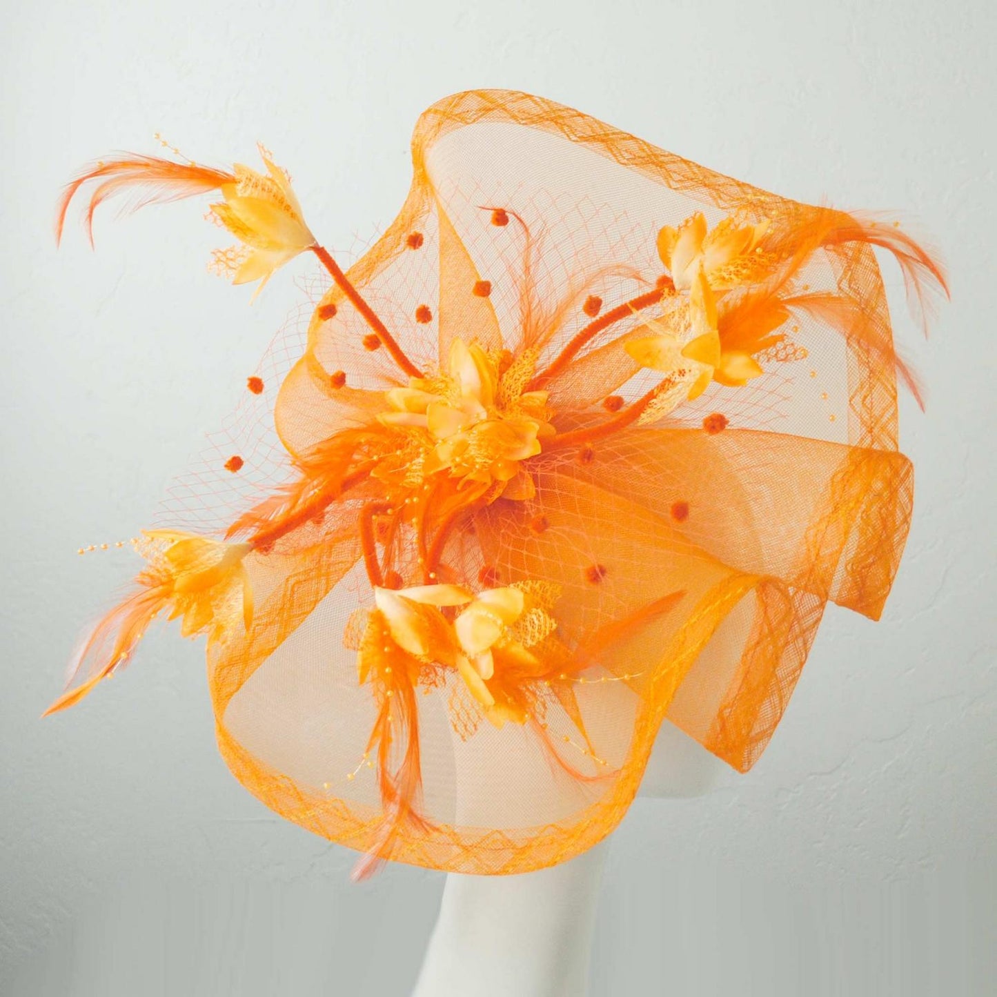 Sophia | Floral Feathered Mesh Fascinator Hat | 122906 | profile | ORANGE