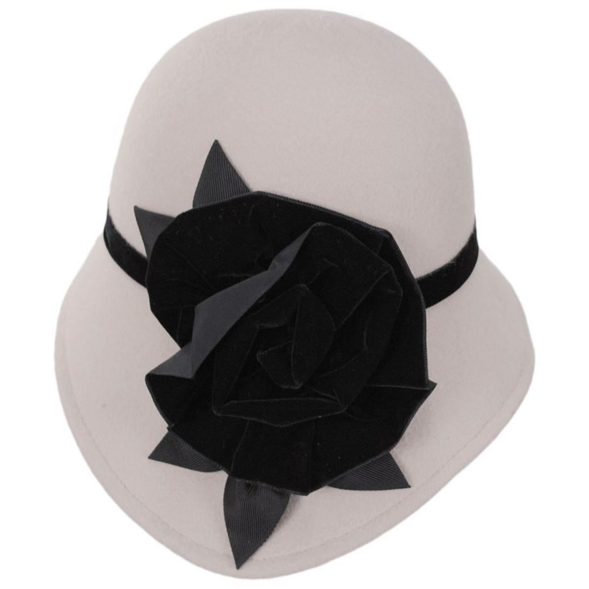 Kathy Jeanne | Black Rose Asymmetrical Wool Felt Cloche Hat - Made to Order | 124712 | profile | OFF WHITE