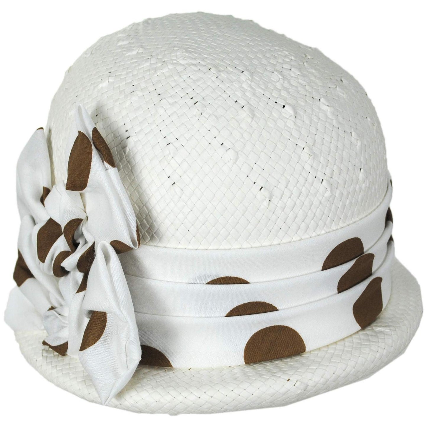 Kathy Jeanne | Double Bow Polka Dot Toyo Straw Cloche Hat | 100723 | lead | WHT/BRN DOT