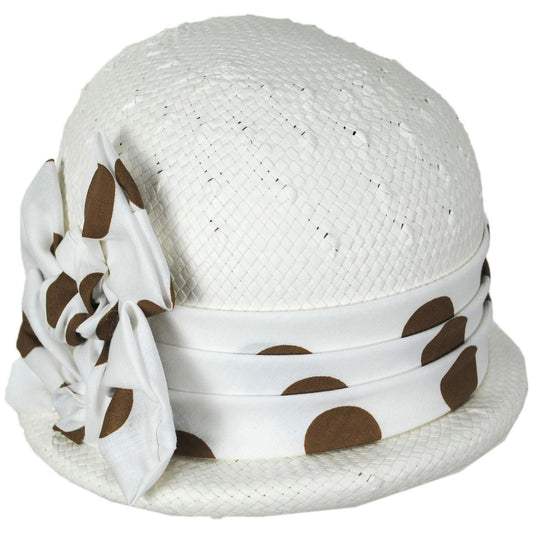 Kathy Jeanne | Double Bow Polka Dot Toyo Straw Cloche Hat | 100723 | lead | WHT/BRN DOT