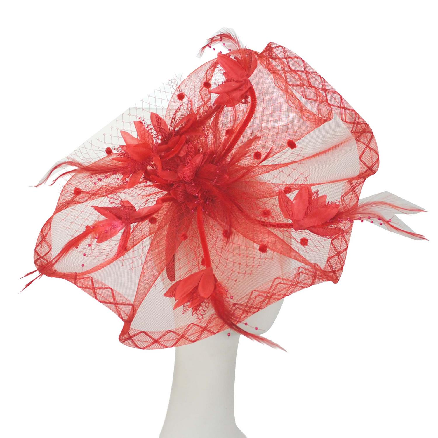 Sophia | Floral Feathered Mesh Fascinator Hat | 122906 | profile | RED