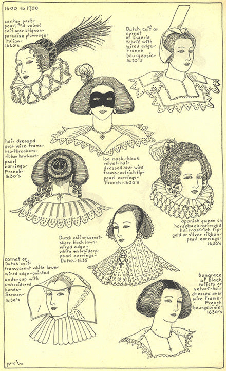 1600 to 1700 women's headwear including: paradise plummage, Dutch coif/cornet, loo mask, bongrace, hair over wire frames