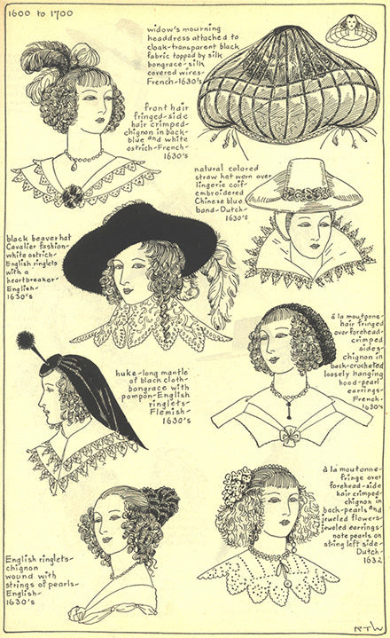 1600 to 1700 women's headwear including: widow's mourning headdress, forehead hair fringe, English ringlets, huke long mantle