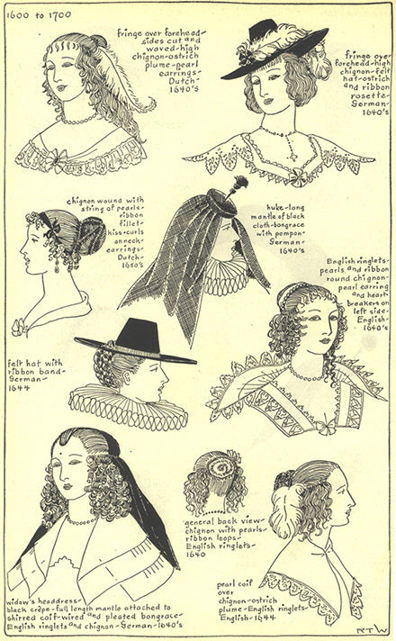 1600 to 1700 women's headwear including: forehead hair fringe, chignon buns, widow's headdress, English ringlets, huke mantle