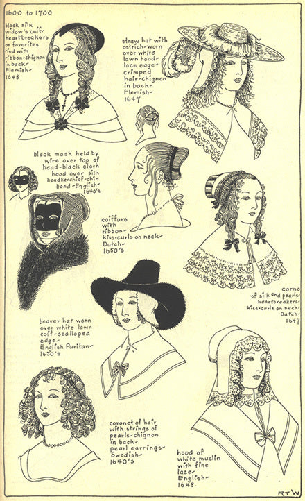 1600 to 1700 women's headwear including: widow's coif, black loo mask, kiss curls, corno, beaver hat, hair coronets, hoods