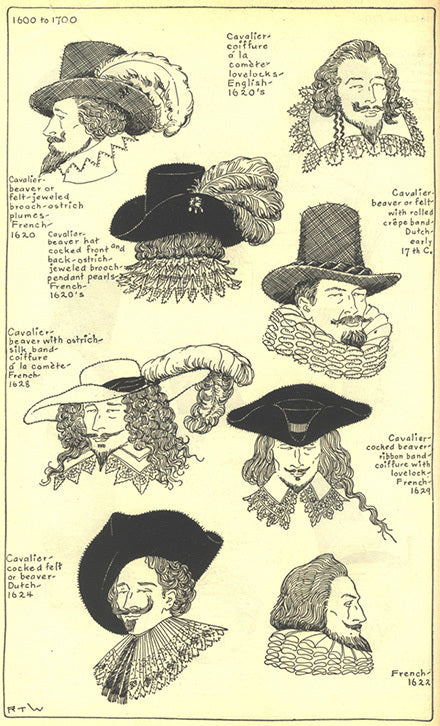 1600 to 1700 men's headwear including: Cavalier coiffure, lovelocks, beaver hats, rolled crepe band, cocked felt hats, plumes