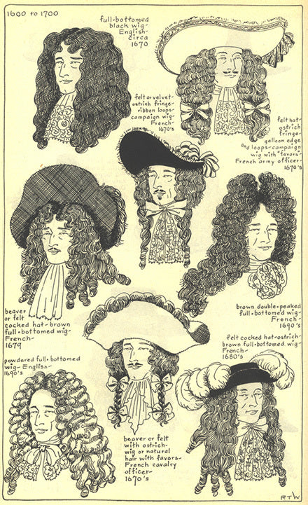1600 to 1700 men's headwear including: full-bottomed black/powdered wigs, felt hat, ostrich fringe, cocked hat, ribbon loops