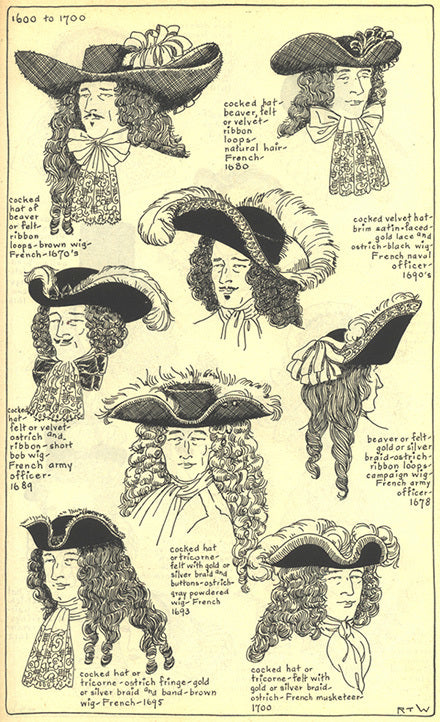 1600 to 1700 men's headwear including: cocked hat/tricorne, ribbon loops, short bob & powdered wigs, natural hair, gold lace