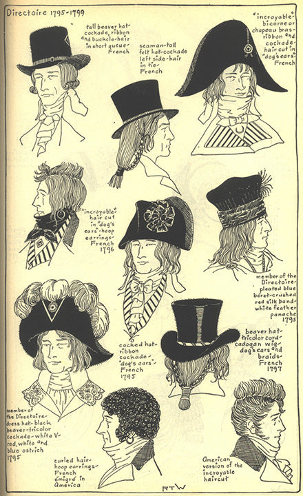 Directoire 1795 to 1799 men's headwear including: felt hats, incroyable/chapeau bras, incroyable hair cut, curled hair, beret