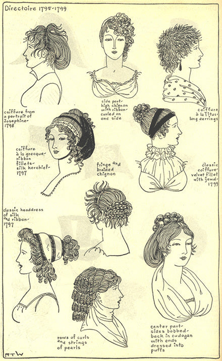 Directoire 1795 to 1799 women's headwear including: coiffure a la greeque, coiffure a la Titus, fringe, chignons, curls
