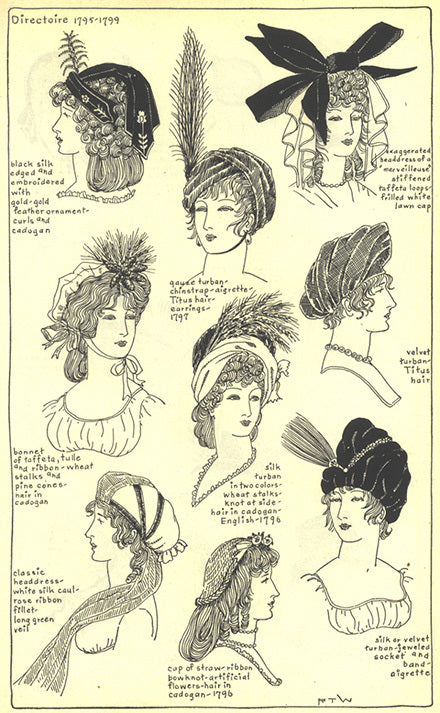 Directoire 1795 to 1799 women's headwear including: merveilleuse headdress, velvet/gauze turbans, bonnets, artificial flowers