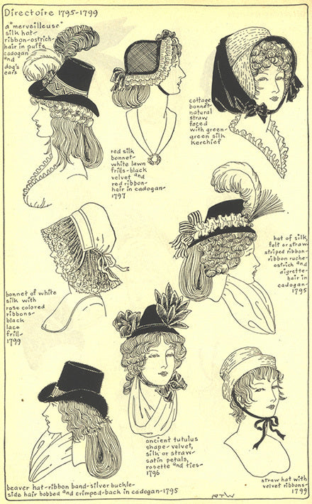 Directoire 1795 to 1799 women's headwear including: merveilleuse hat, silk/cottage bonnets, ancient tutulus, lawn, tulle