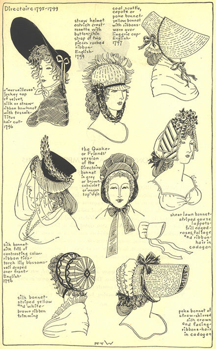 Directoire 1795 to 1799 women's headwear including: merveilleuse jockey cap, straw helmet, coal skuttle, capote, poke bonnet