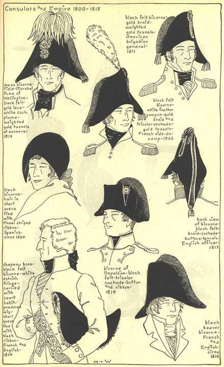 Consulate and Empire 1800 to 1815 men's headwear: dress and military bicornes