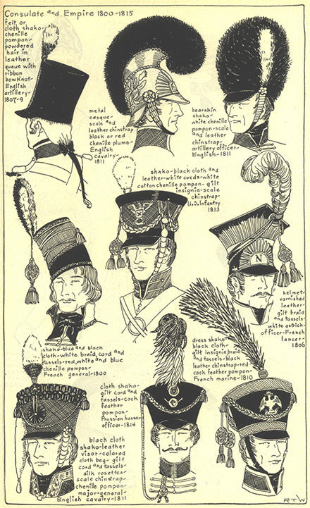Consulate and Empire 1800 to 1815 men's headwear: felt/cloth/bearskin shakos, metal casque, chenille poms, plumes