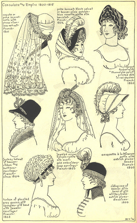 Consulate and Empire 1800 to 1815 women's headwear: capote, poke bonnet, desert turban, casquette a la Minerve, riding cap