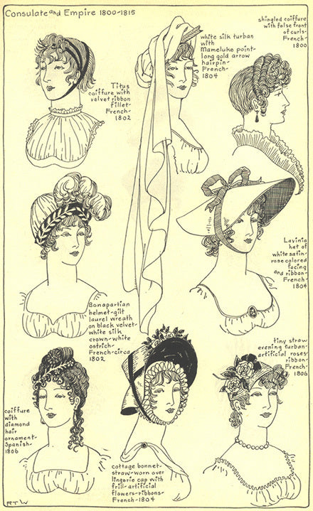 Consulate and Empire 1800 to 1815 women's headwear: titus/shingled coiffures, Lavinia hat, cottage bonnet, Bonapartian helmet
