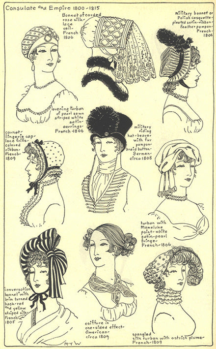 Consulate and Empire 1800 to 1815 women's headwear: cornet, military riding hat, military bonnet, mameluke, conversation bonnet
