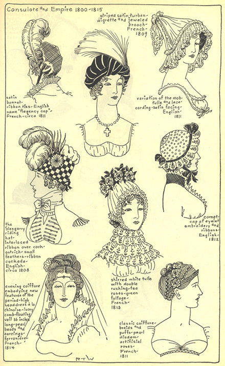 Consulate and Empire 1800 to 1815 women's headwear: satin turban/bonnet, Glengarry riding hat, high headdress a la chinois