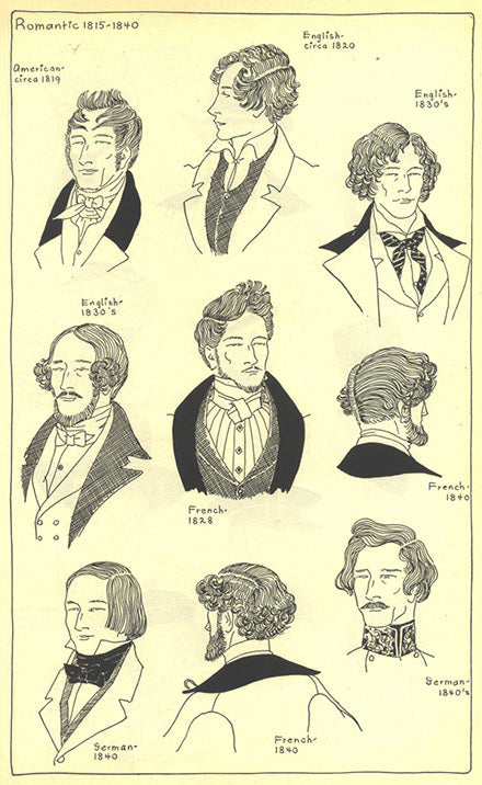 Romantic 1815 to 1840 men's hairstyles. No descriptions provided, different parting styles shown.