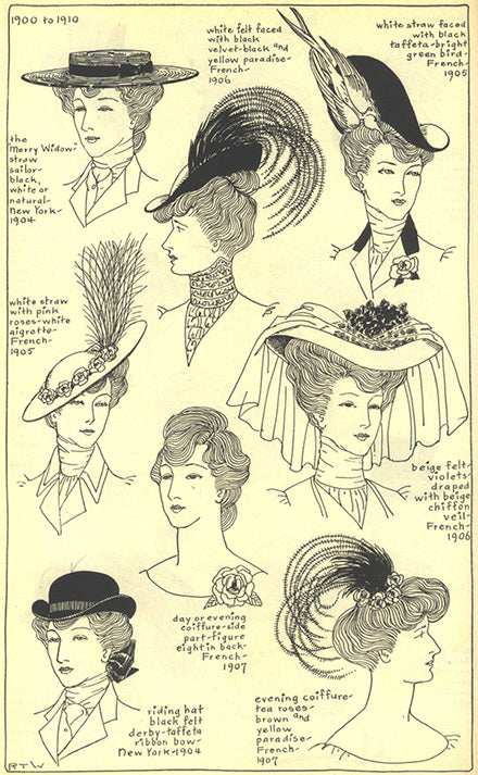 1900 to 1910 women's headwear: Merry Widow hat, riding/derby hat, evening coiffure
