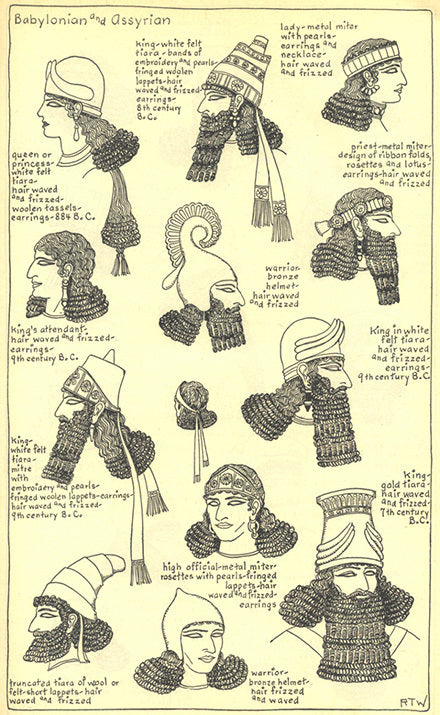 Babylonian and Assyrian headwear and hair styles for kings, queens, priests, high officials, warriors, and attendants.