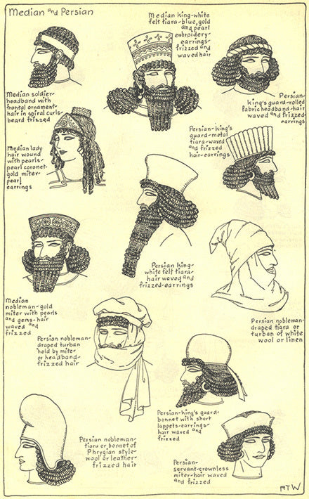 Median and Persian headwear and hairstyles for kings, noblemen, soldiers, guards, and servants.