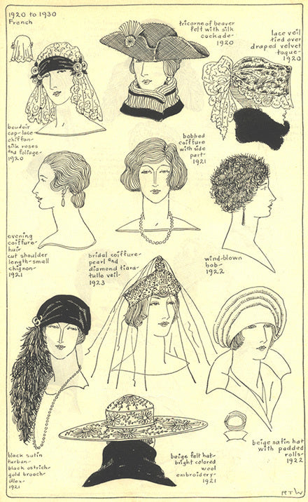 1920 to 1930 women's headwear: tricornes, lace veils, sutin turban