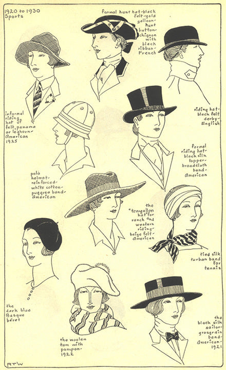 1920 to 1930 sports women's headwear: formal hunt hat, informal riding hat, polo helmet