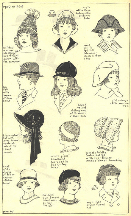 1920 to 1930 children's headwear: knitted woolen stocking, linen caps, riding caps, bonnets