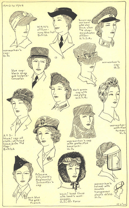 1940 to 1944 women's headwear: WRNS officer cap, warworker's cap (U.S.), ATS cap