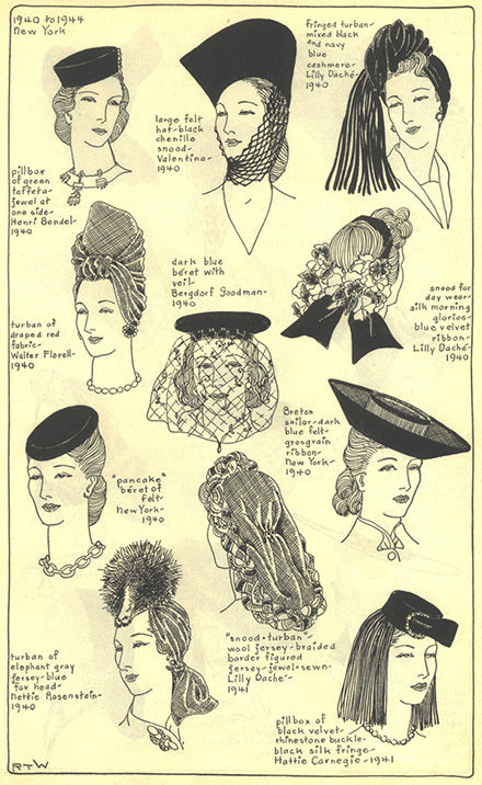 1940 to 1944 New York women's headwear: chenille snood, pillbox, beret, pancake beret