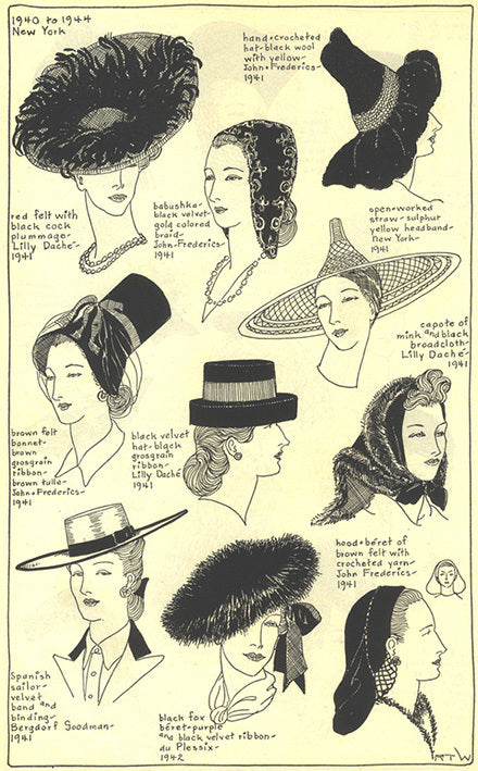 1940 to 1944 New York women's headwear: black cock plummage, Spanish sailor hat, mink capote