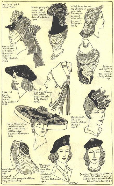 1940 to 1944 New York women's headwear: black Milan straw hat, Montgomery beret, Renaissance beret