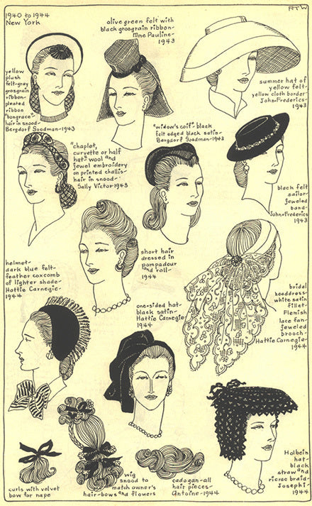 1940 to 1944 New York women's headwear: summer hats, bridal headdress, Holbein hat