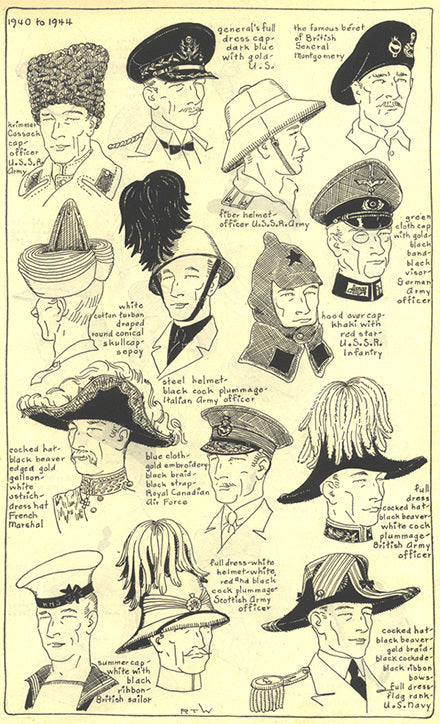 1940 to 1944 men's headwear: cossack, cocked hat, summer cap, fiber helmet