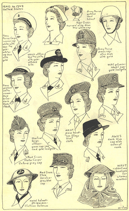 1940 to 1944 United States women's headwear: Marine corps officer cap, WAC private cap, WAVE officer cap, etc.