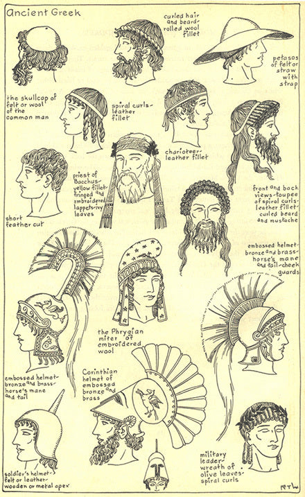 Ancient Greek men's headwear including: felt skullcaps, wool fillets, petasos, toupees, Phrygian miter, helmets, and wreaths