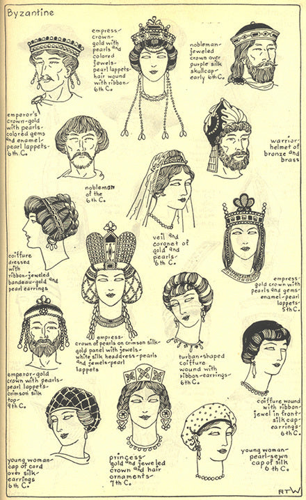 Byzantine headwear/hairstyles including: emperor/empress crowns, warrior helmets, veils, coronets, cord caps, coiffure styles