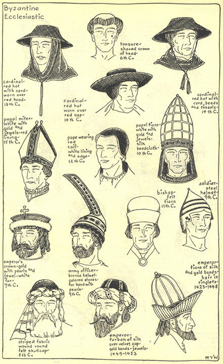 Byzantine and Ecclesiastic headwear including: cardinal red hat, papal tiara, papal mitre, military helmets, tiaras, turbans