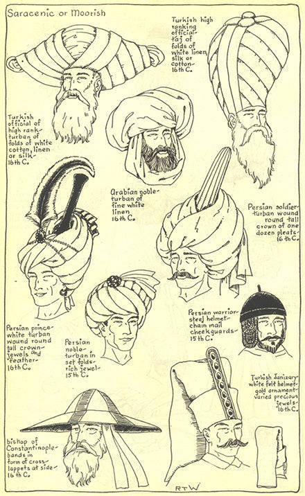 Saracenic or Moorish headwear including turbans for high-rank officials, Arabian nobles, and Persian princes; warrior helmets