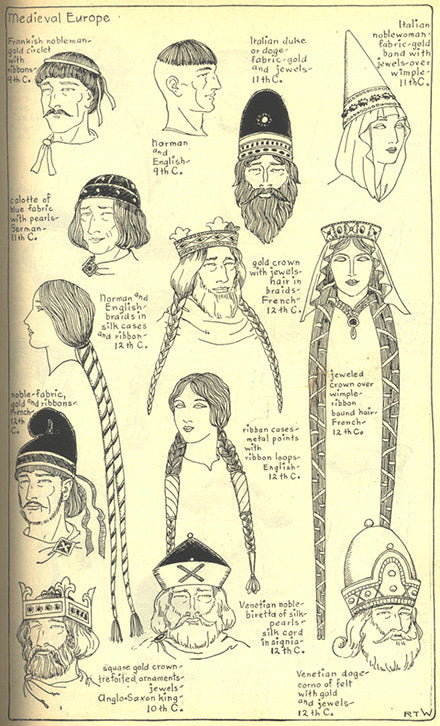 Medieval European headwear including: Frankish circlet, wimple, calotte, braids, Venetian biretta and doge corno, etc.