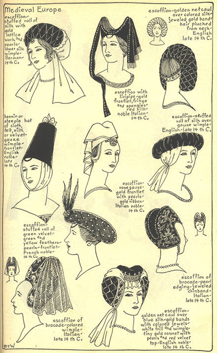 Medieval European headwear including: escoffions, net cauls, liripipe, hennin/steeple hats, wimples, stuffed rolls, etc.