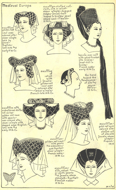 Medieval European headwear including: escoffions, stuffed rolls, net cauls, hennin over coifs, silk and gauze, chincloths