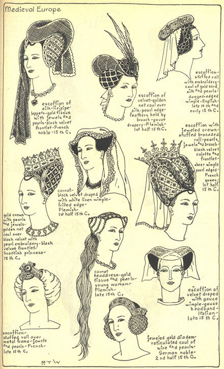 Medieval European headwear including: silk liripipe, escoffions, sheer wimples, crowns, net cauls, diadems, cornet headdress